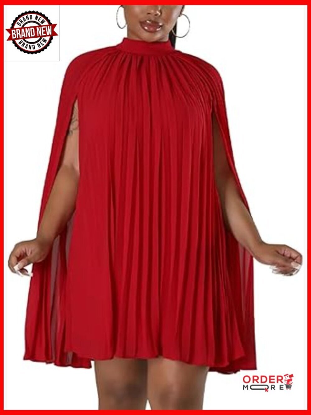Cape Sleeve Pleated Mini Dress Flowy Cocktail Party Loose Fit Short Dress
